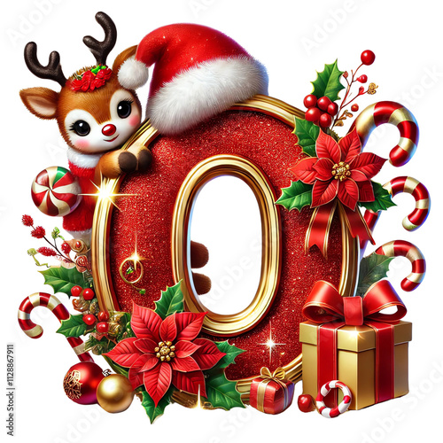 Christmas Letter O with Santa Hat, Reindeer, Poinsettia, Candy Canes, and Holiday Gifts PNG