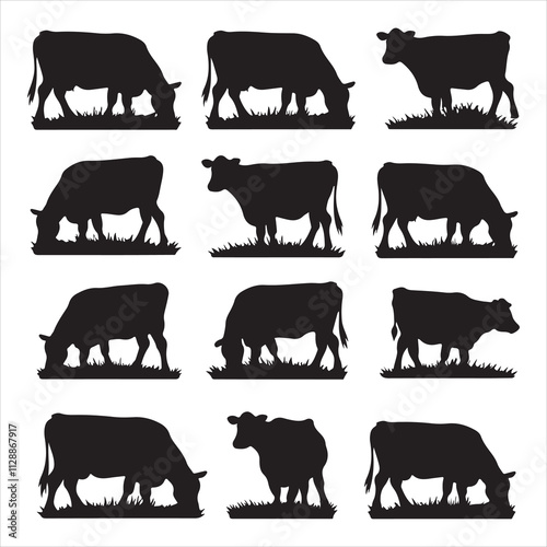set of different style cow, Dairy farm cow, Cow Grazing On Meadow, vector silhouettes	
