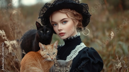 
Glamorous Amish style model posing on the farm with cats.