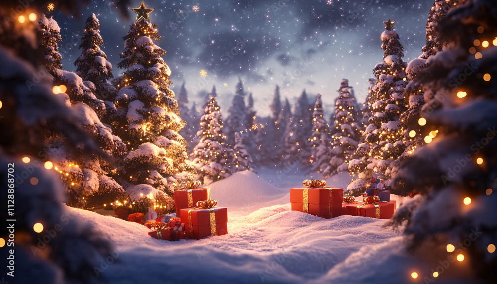 a festive Christmas scene with a small Christmas tree adorned with lights and ornaments, red presents wrapped with gold ribbons, and snow on the ground, all set against a backdrop of warm, glowing lig a festive Christmas scene with a small Christmas tree adorned with lights and ornaments, red presents wrapped with gold ribbons, and snow on the ground, all set against a backdrop of warm, glowing lig