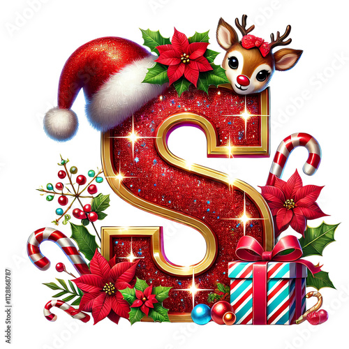 Christmas Letter S with Santa Hat, Reindeer, Poinsettia, Candy Canes, and Holiday Gifts PNG