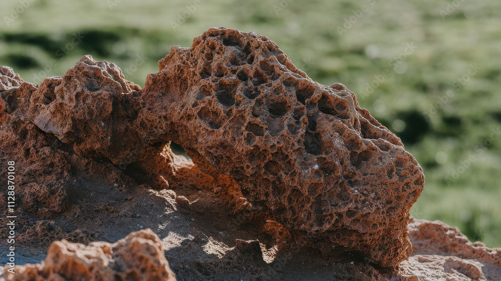 A close-up view of a textured rock formation with a weathered, earthy tone, set against a blurred green background, capturing the beauty of nature.