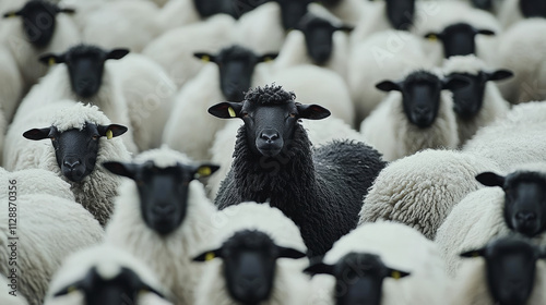 A black sheep stands out among a flock of white sheep, highlighting individuality and contrast within a uniform group.