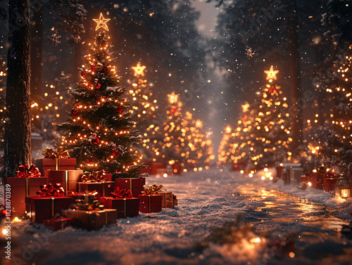 a festive Christmas scene with a small Christmas tree adorned with lights and ornaments, red presents wrapped with gold ribbons, and snow on the ground, all set against a backdrop of warm, glowing lig photo