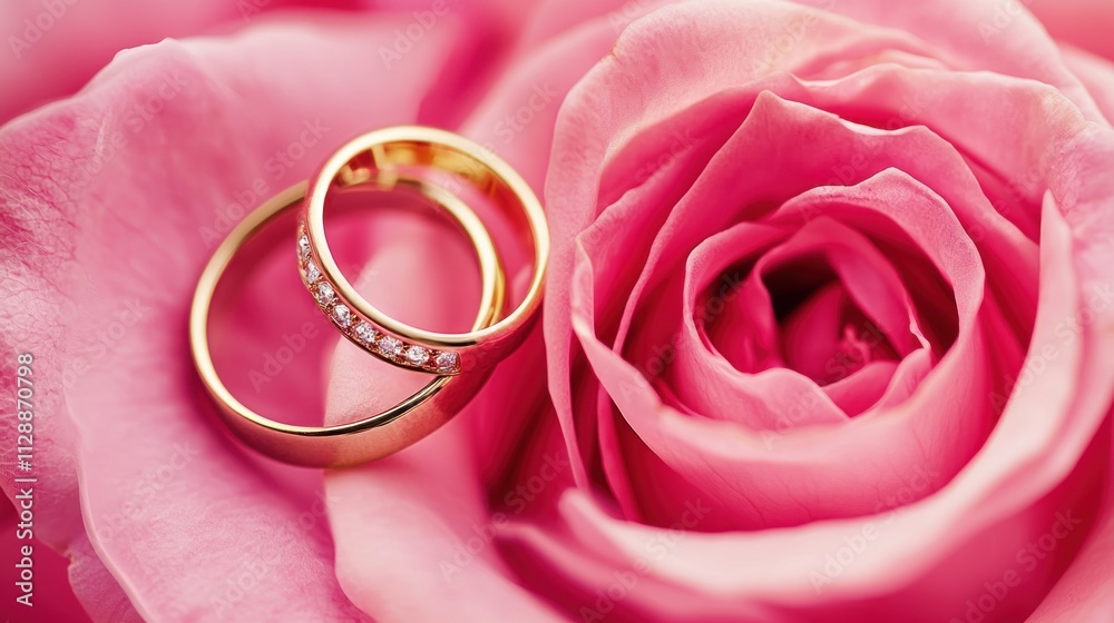 Golden Wedding Rings Resting on a Pink Rose Golden Wedding Rings Resting on a Pink Rose