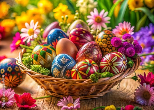 Colorful Basket of Easter Eggs Surrounded by Vibrant Flowers, Perfect for Spring Celebrations and Seasonal Decor, Capturing the Essence of Easter Joy and Renewal