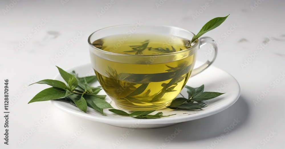 Close-up of a white background with a saucer tea cup containing green tea with floating green tea leaves on its surface, herbal, green tea Close-up of a white background with a saucer tea cup containing green tea with floating green tea leaves on its surface, herbal, green tea