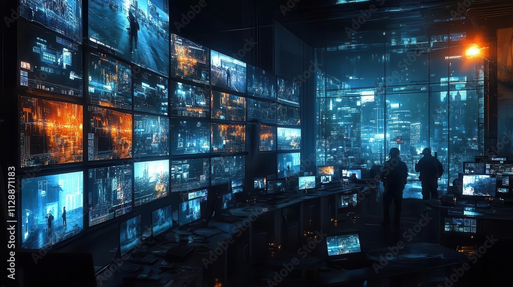 A hightech control room with glowing monitors showing a thief in action, security guards reacting, cinematic depth A hightech control room with glowing monitors showing a thief in action, security guards reacting, cinematic depth