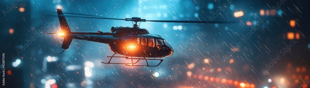 A police helicopter shining a searchlight on a fleeing thief, glowing streets below, cinematic suspense