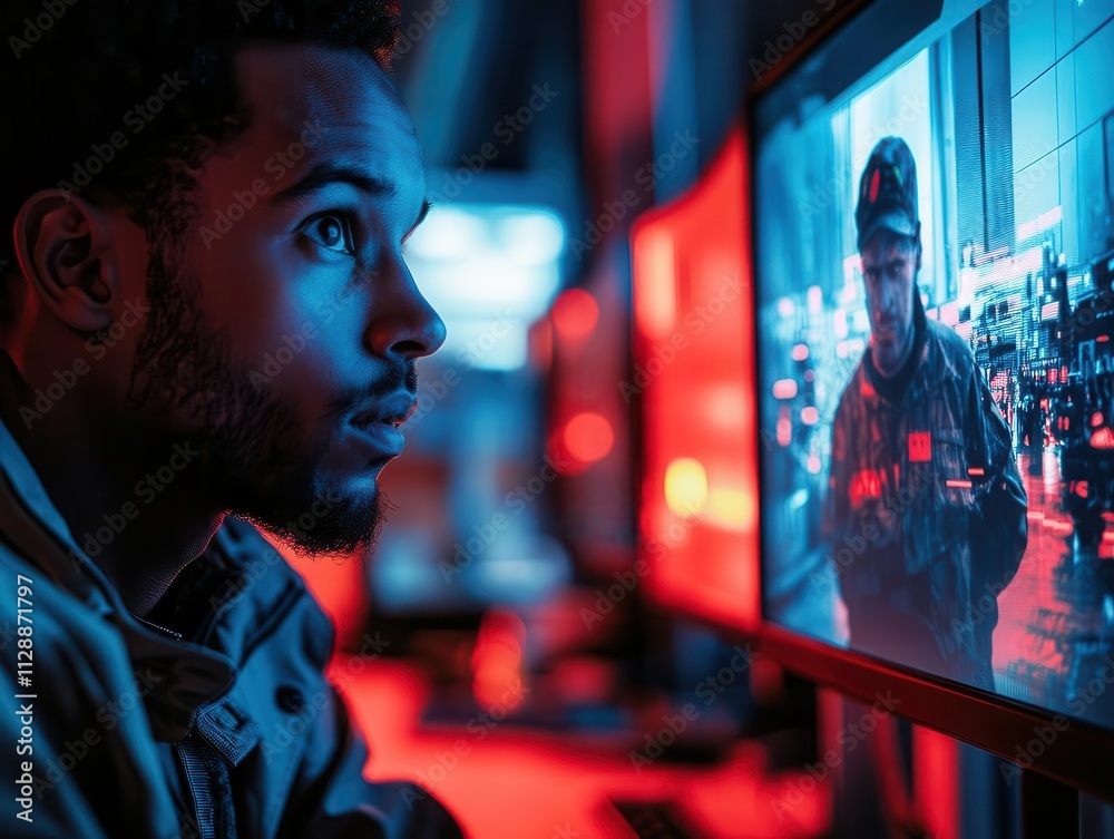 Obraz premium A security guard spotting a thief on a glowing monitor, alarms flashing red in the background, cinematic focus