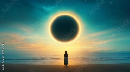 A silhouetted figure stands on a beach, gazing at a mesmerizing solar eclipse over the ocean in a colorful, ethereal sky.