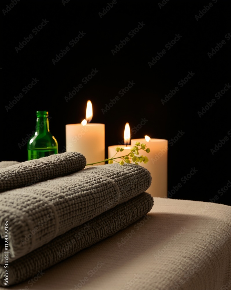 Serene Spa Setting with Soft Towels, Candles, and a Green Bottle Against a Dark Background
