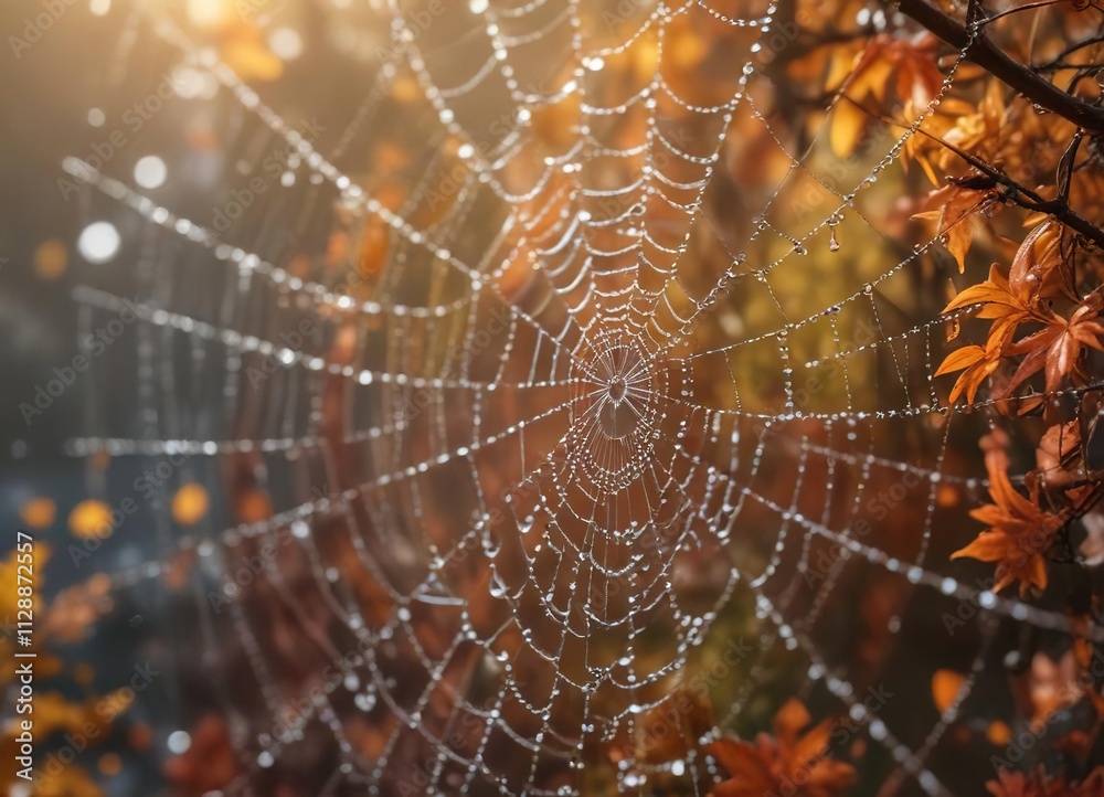 A macro shot of a spider's web with dew-kissed water drops and vibrant autumn hues, blue, macro, shiny