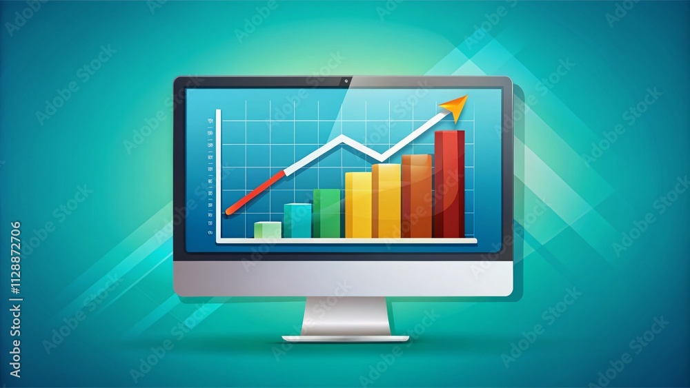 Colorful Computer Displaying a Rising Graph Illustrating Growth, Analytics, and Business Success with Copy Space for Text in a Professional Setting Colorful Computer Displaying a Rising Graph Illustrating Growth, Analytics, and Business Success with Copy Space for Text in a Professional Setting