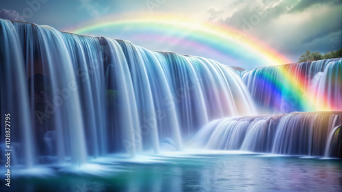Rainbow over majestic waterfall scenery