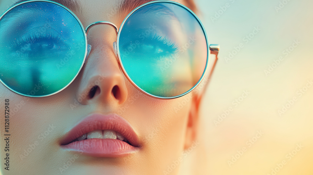 A close-up of a person wearing reflective teal sunglasses, with soft focus and vibrant colors in the background, creating a dreamy summer vibe. A close-up of a person wearing reflective teal sunglasses, with soft focus and vibrant colors in the background, creating a dreamy summer vibe.