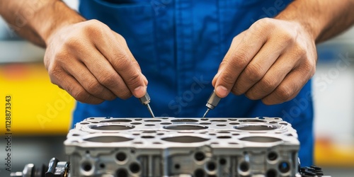 Mechanics repair engine restoration concept. Mechanic working on an engine component with precision tools. photo