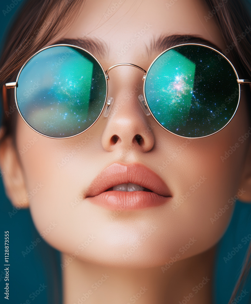 A woman wears round sunglasses reflecting a starry galaxy, creating a surreal and dreamy visual effect against a soft, blurred background. A woman wears round sunglasses reflecting a starry galaxy, creating a surreal and dreamy visual effect against a soft, blurred background.