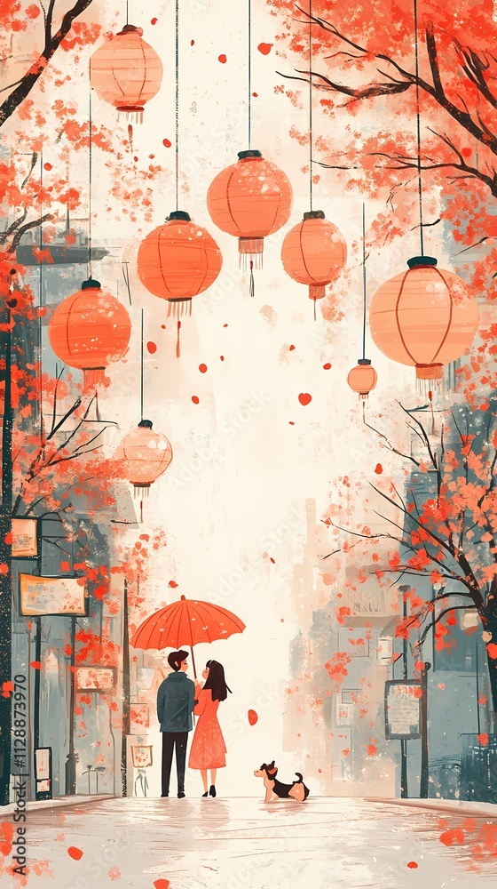 Fototapeta premium A couple standing on a street full of lanterns