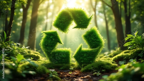 Green recycling symbol on blurred forest background, sunlight