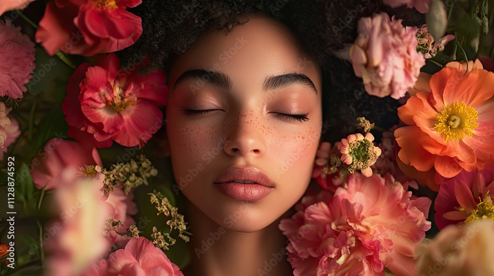 Serene young woman surrounded by vibrant flowers, eyes closed, peaceful expression. Serene young woman surrounded by vibrant flowers, eyes closed, peaceful expression.