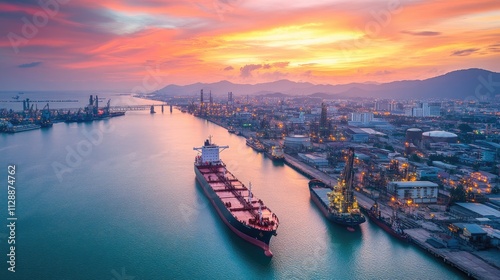 oil tanker, gas tanker in the high sea.Refinery Industry cargo ship. top view,aerial view,Thailand, in import export, LPG,oil refinery, Logistics and transportation with working crane bridge in harbor