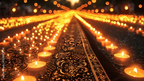 Illuminated path of candles at night. photo