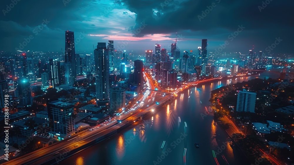 Aerial view of a modern city at night, with illuminated skyscrapers, busy roads, and a river reflecting the lights. Aerial view of a modern city at night, with illuminated skyscrapers, busy roads, and a river reflecting the lights.