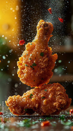 A crispy fried chicken leg in the air, showcasing its golden-brown skin and juicy texture.

 photo