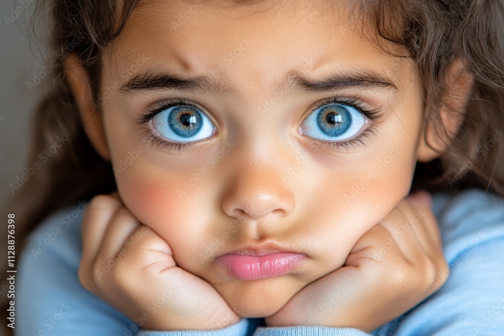A close-up of a child pouting in frustration, with tears forming in their eyes and their brows furrowed A close-up of a child pouting in frustration, with tears forming in their eyes and their brows furrowed