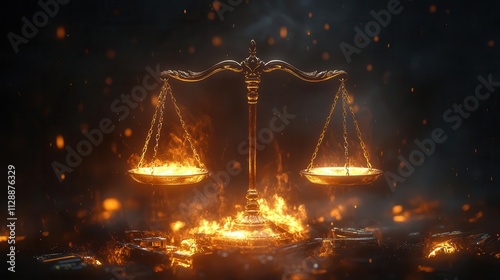 A symbolic glowing scale of justice overlaying stolen goods recovered by police, dramatic lighting