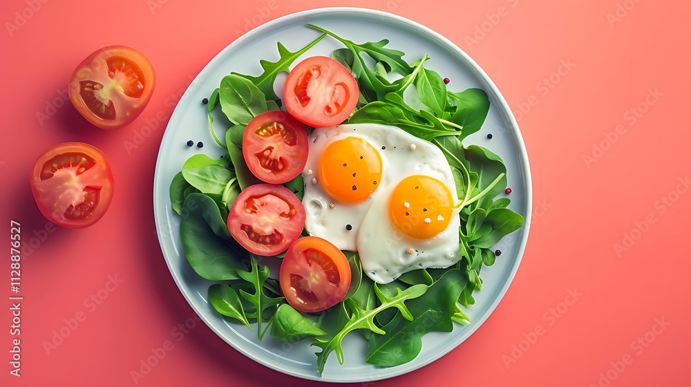 Two fried eggs served with sliced tomatoes and fresh arugula salad on a plate. Two fried eggs served with sliced tomatoes and fresh arugula salad on a plate.