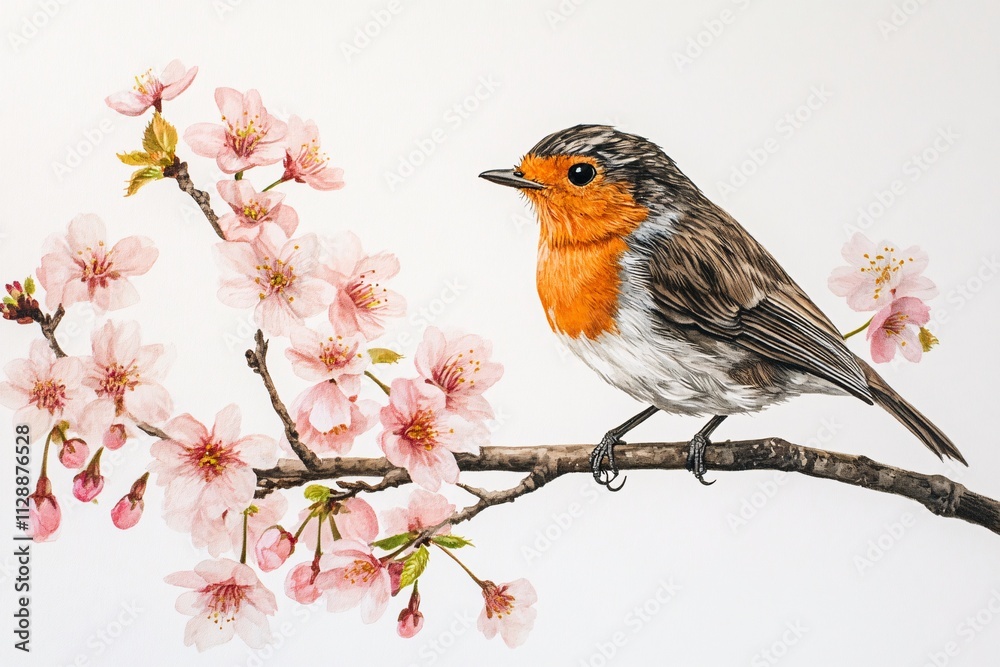 Robin resting on a branch surrounded by cherry blossoms, hyper-realistic, cinematic light creating soft shadows, white background, the bird’s vivid orange chest contrasting with delicate petals 2 Robin resting on a branch surrounded by cherry blossoms, hyper-realistic, cinematic light creating soft shadows, white background, the bird’s vivid orange chest contrasting with delicate petals 2