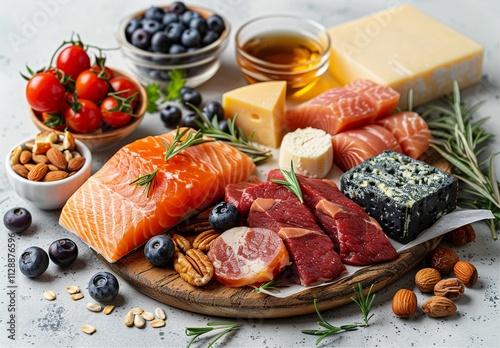  Keto diet concept. Healthy low carbs products. Ketogenic diet food. Vegetables, fish, meat, nuts, seeds, berries, cheese on a white background, top view