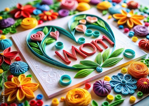Colorful Paper Quilled Artwork with the Word Mom and a Heart for a Heartfelt Mother's Day Celebration, Capturing Love and Creativity in Every Detail
