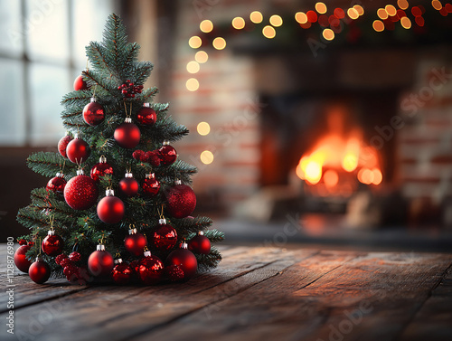 a Festive Christmas tree adorned with red ornaments on a wooden floor, with a warm fireplace and twinkle lights in the background.