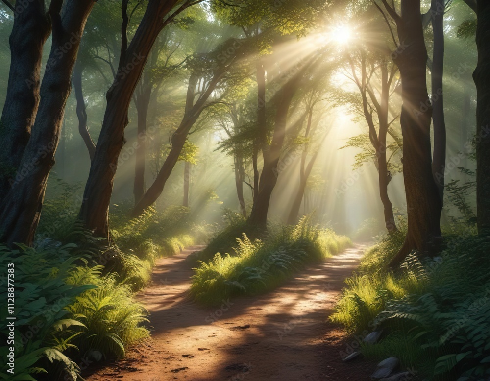 Pathway winding through dense forest with sunbeams breaking through trees, verdant foliage, woodsy atmosphere Pathway winding through dense forest with sunbeams breaking through trees, verdant foliage, woodsy atmosphere