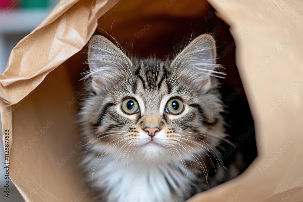A curious kitten peeks out from inside a paper bag, showcasing its playful nature and striking blue eyes. A curious kitten peeks out from inside a paper bag, showcasing its playful nature and striking blue eyes.