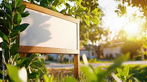 Blank Wooden Sign Surrounded by Lush Greenery in Natural Light photo