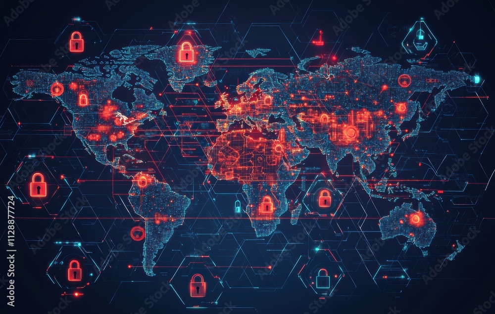 Digital world map highlighting global cybersecurity and network security Digital world map highlighting global cybersecurity and network security