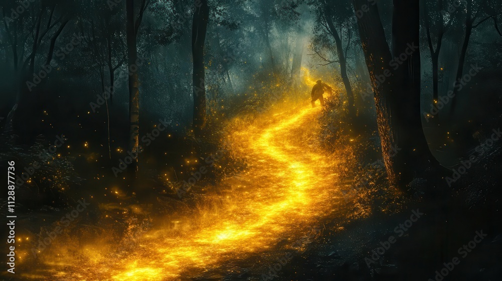Fototapeta premium A symbolic glowing trail showing a thief being tracked by police dogs through a forest, dramatic composition