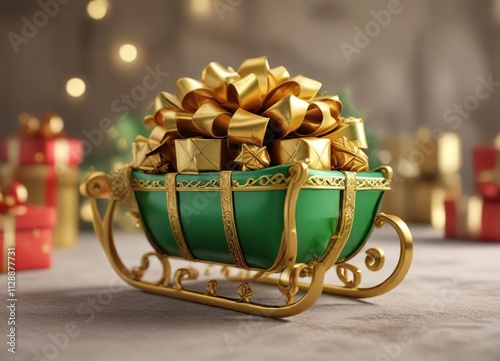 Miniature green sleigh with golden trim and wrapped gifts , gift, holiday, decoration