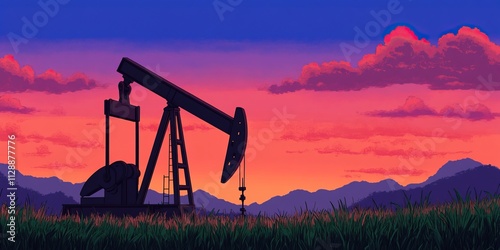 A silhouette of an oil pump against a vibrant sunset sky, showcasing a blend of colors illuminating the landscape. photo