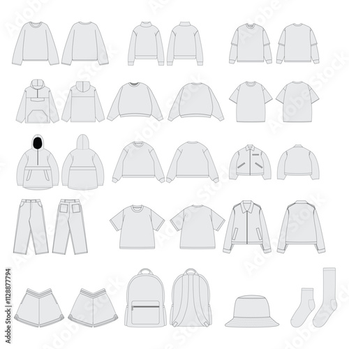 Set of Clothing Mockup Template - Apparel Vector Mockups Bundle Streetwear Tech Pack Template Streetwear Mockups Clothing Brand Fashion Techpack