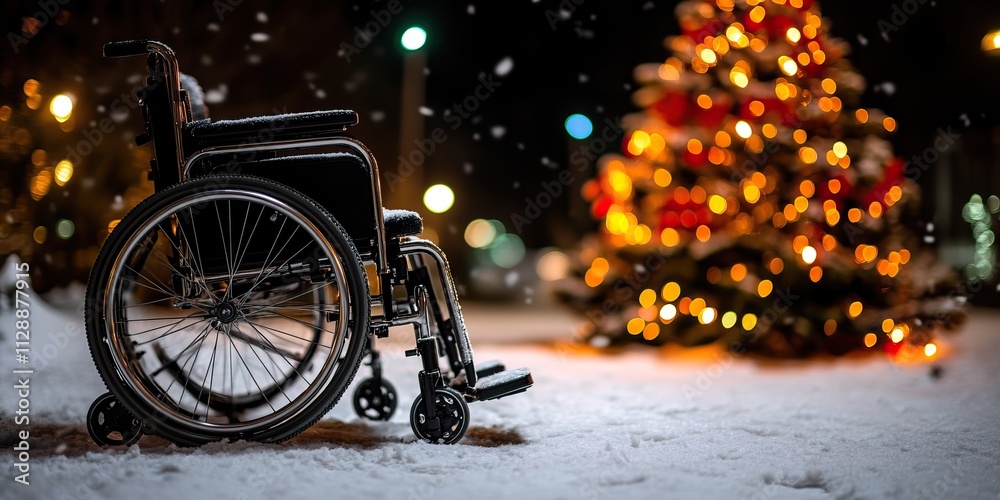 Obraz premium A wheelchair stands in the snow beside a brightly lit Christmas tree, creating a poignant contrast of holiday spirit and accessibility.