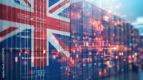 Rows of shipping containers painted with the UK flag, overlaid with digital data graphics symbolizing international trade and global commerce technology. photo