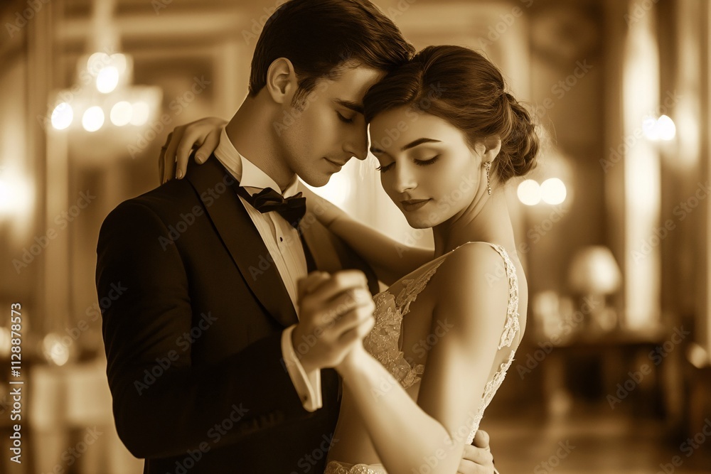 A young white couple in 1920s Gatsby-style outfits, dancing a slow tango in a grand ballroom, soft sepia tones, romantic and luxurious vibe 1 A young white couple in 1920s Gatsby-style outfits, dancing a slow tango in a grand ballroom, soft sepia tones, romantic and luxurious vibe 1