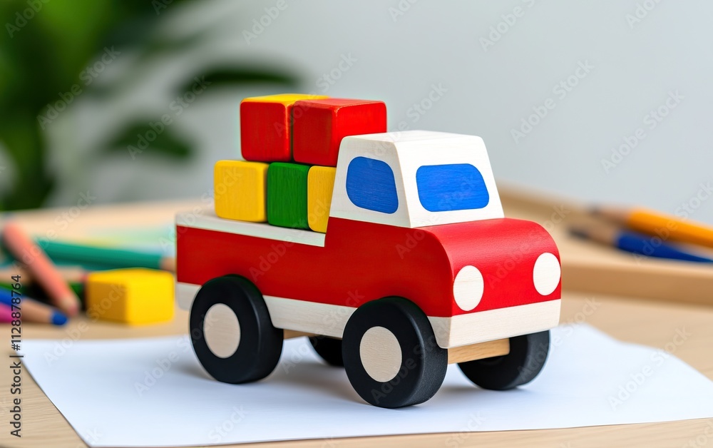 A colorful wooden toy truck carrying building blocks, set against a bright background, perfect for imaginative play and early childhood development. A colorful wooden toy truck carrying building blocks, set against a bright background, perfect for imaginative play and early childhood development.