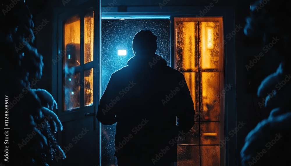 A thief breaking into a house, their silhouette framed by a glowing security alarm, cinematic suspense A thief breaking into a house, their silhouette framed by a glowing security alarm, cinematic suspense