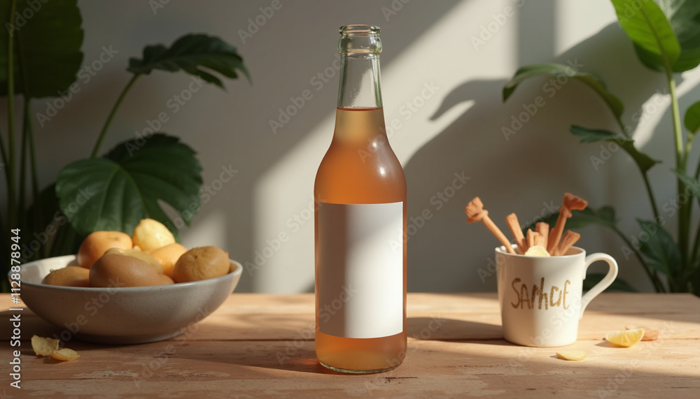 Bottle of beer on a wooden table near a window Bottle of beer on a wooden table near a window